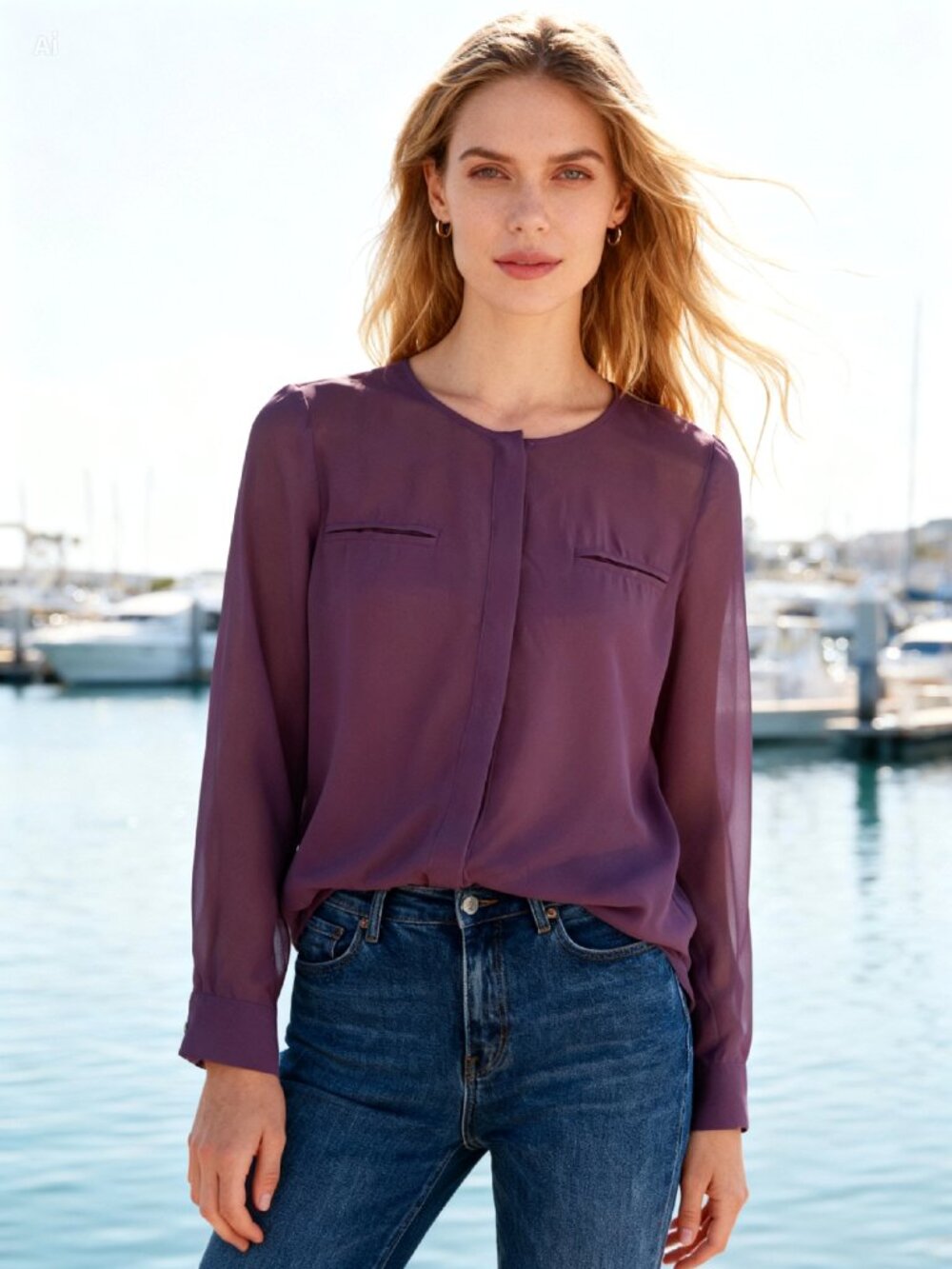 Olive & Oak Women's Blouse Top Sheer Plum Purple Button Down SMALL
